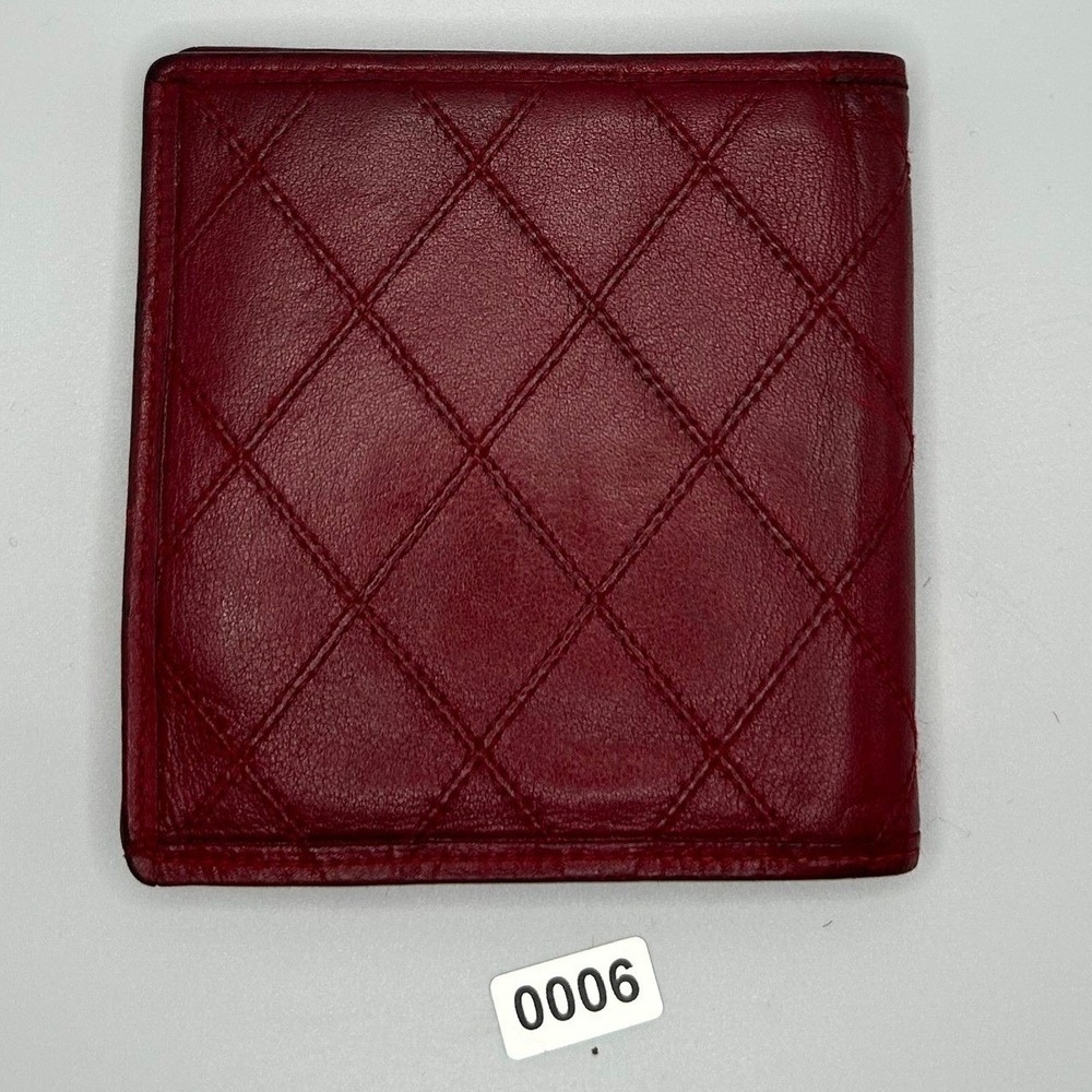 Chanel Red Leather Quilted Bi-Fold Wallet Card Holder Snap Closure Authentic#006